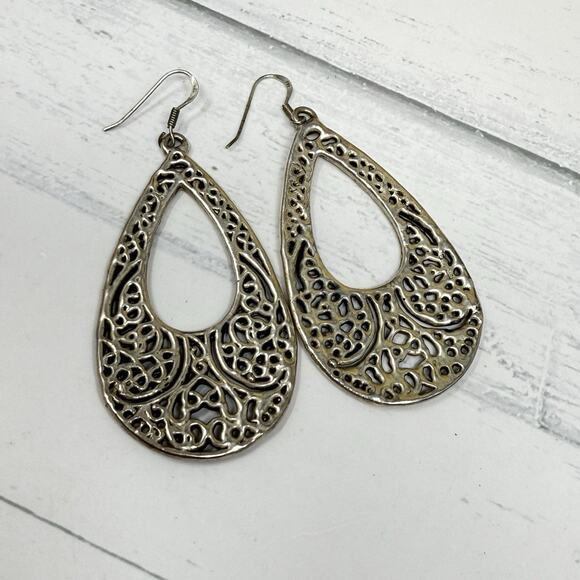 E&L Sterling Silver Electroform Open Filigree Teardrop Dangle Earrings - Picture 5 of 8